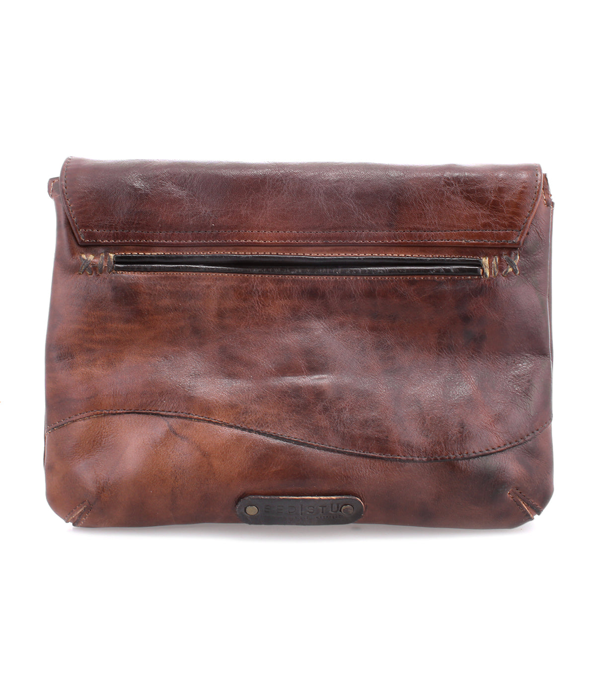 A Cleo by Bed Stu brown leather crossbody bag with a zipper top closure.