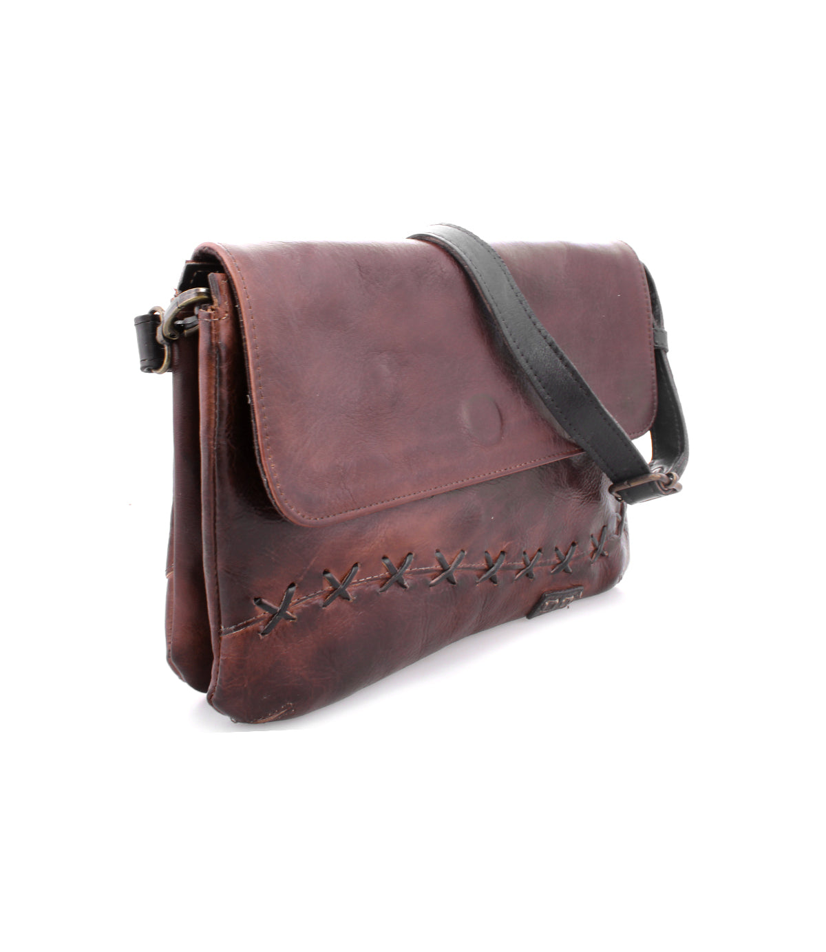 A Cleo crossbody bag from Bed Stu in brown leather with a zipper top closure.