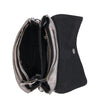 A black and silver Cleo purse by Bed Stu with a zippered compartment.