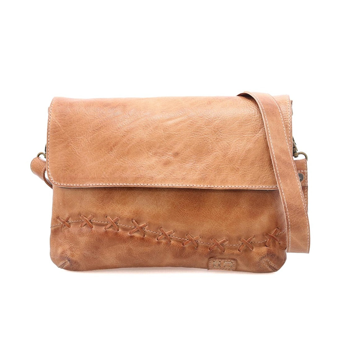A tan Cleo leather crossbody bag from Bed Stu with an adjustable strap.