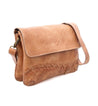 A tan Cleo leather crossbody bag from Bed Stu with an adjustable strap.