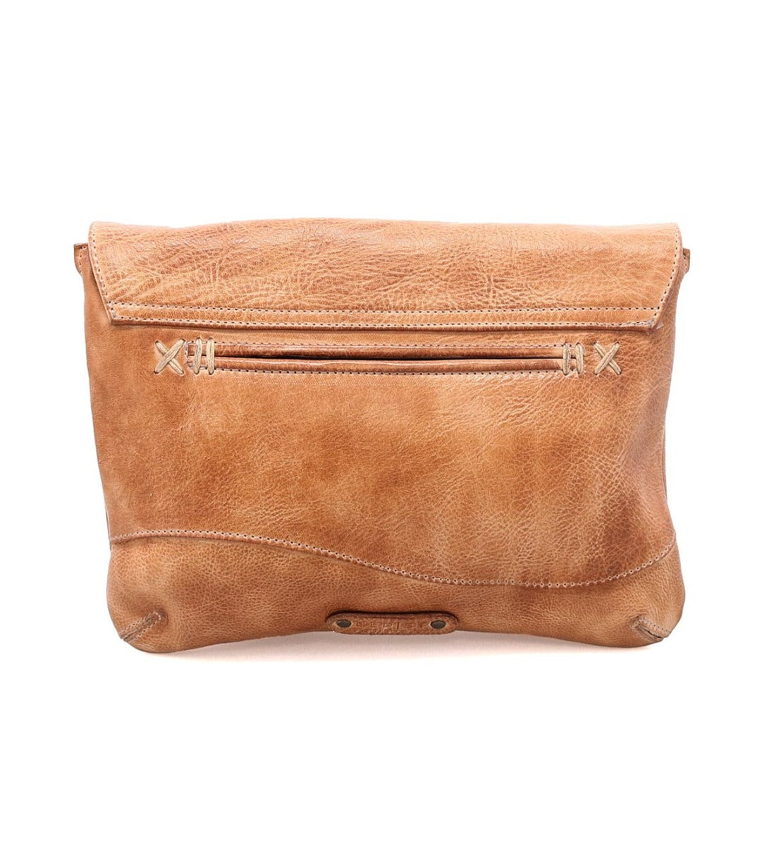 A tan Cleo leather crossbody bag from Bed Stu with an adjustable strap.