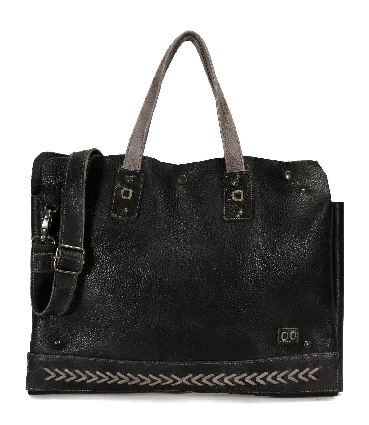 Black leather Commuter tote bag by Bed Stu with shoulder strap, decorative embossing, and laptop storage.