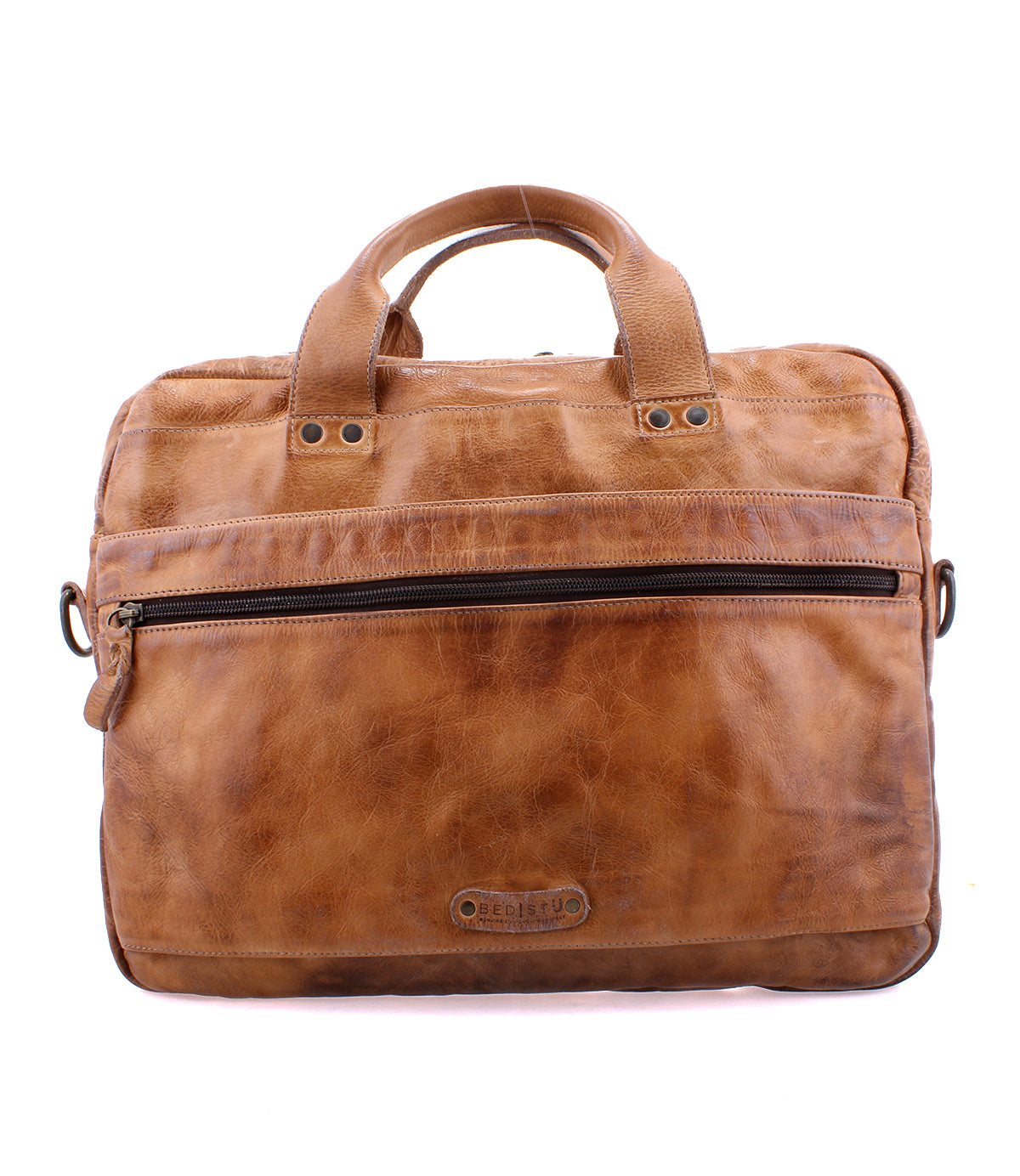 A Conclusion laptop bag made of vegetable-tanned leather with a zipper, perfect for work essentials. (Brand: Bed Stu)