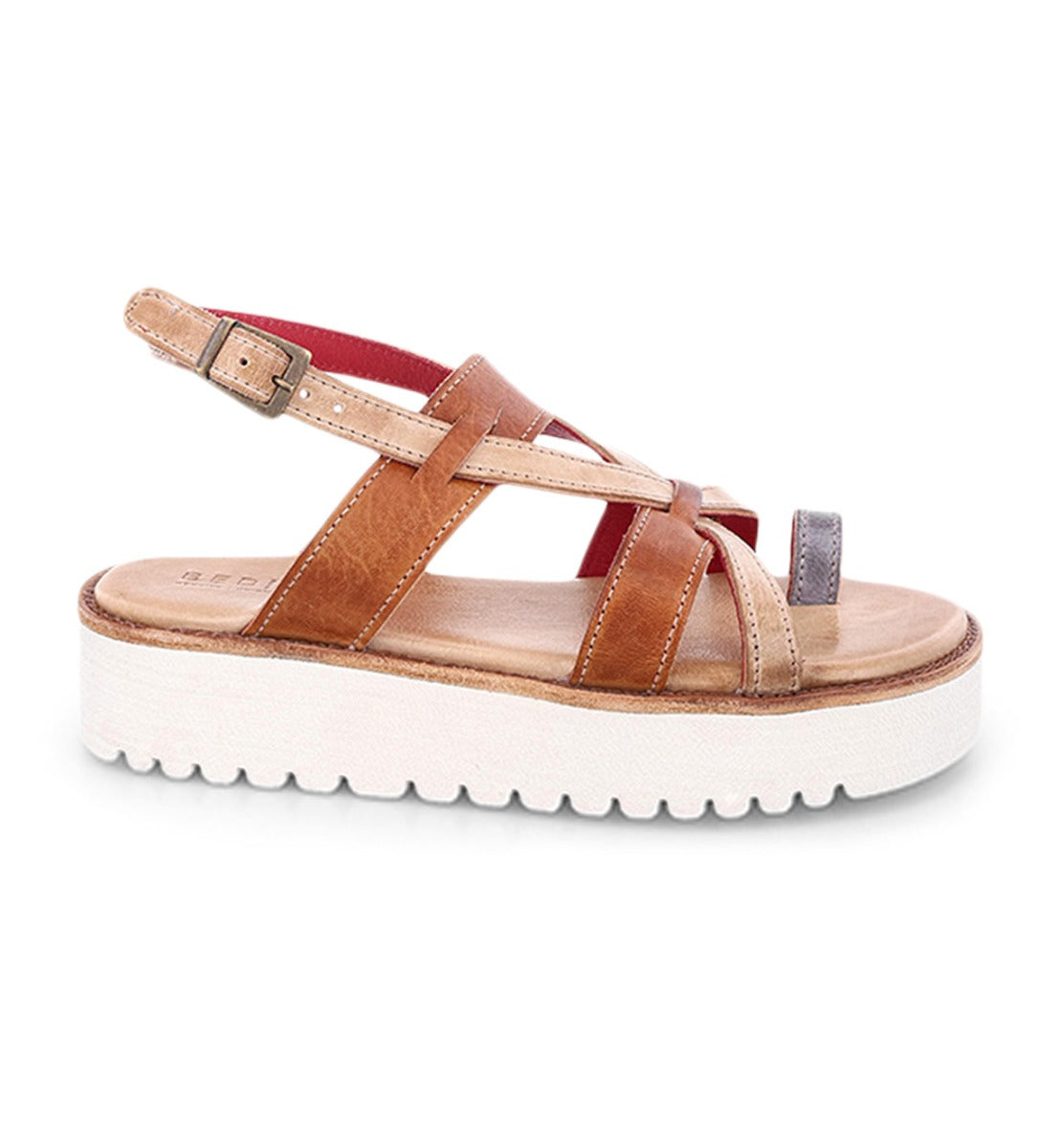 A Bed Stu women&#39;s Crawler sandal with two straps and a white sole.