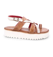 A Bed Stu women's Crawler sandal in tan with white straps.