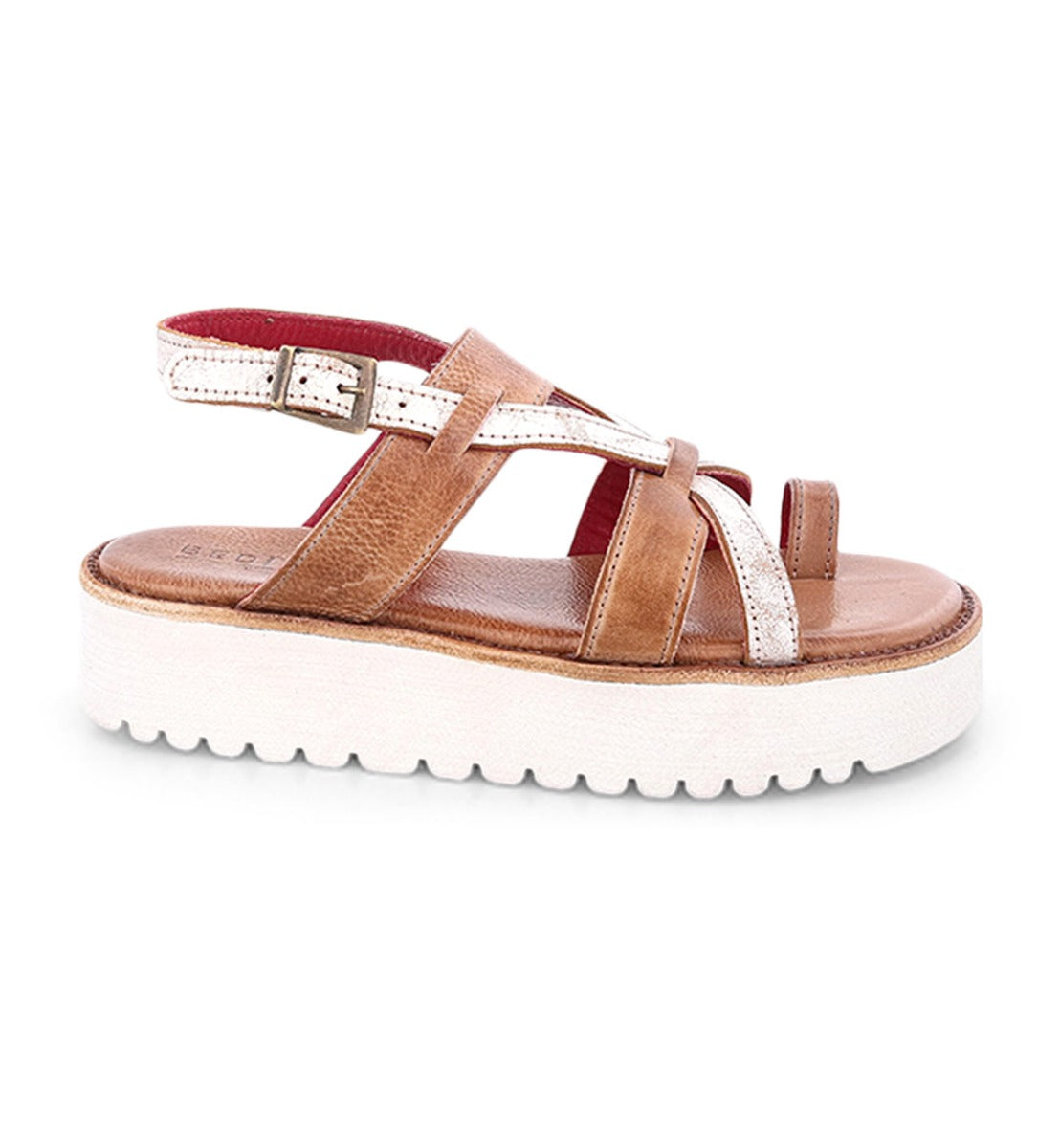 A Bed Stu women's Crawler sandal in tan with white straps.