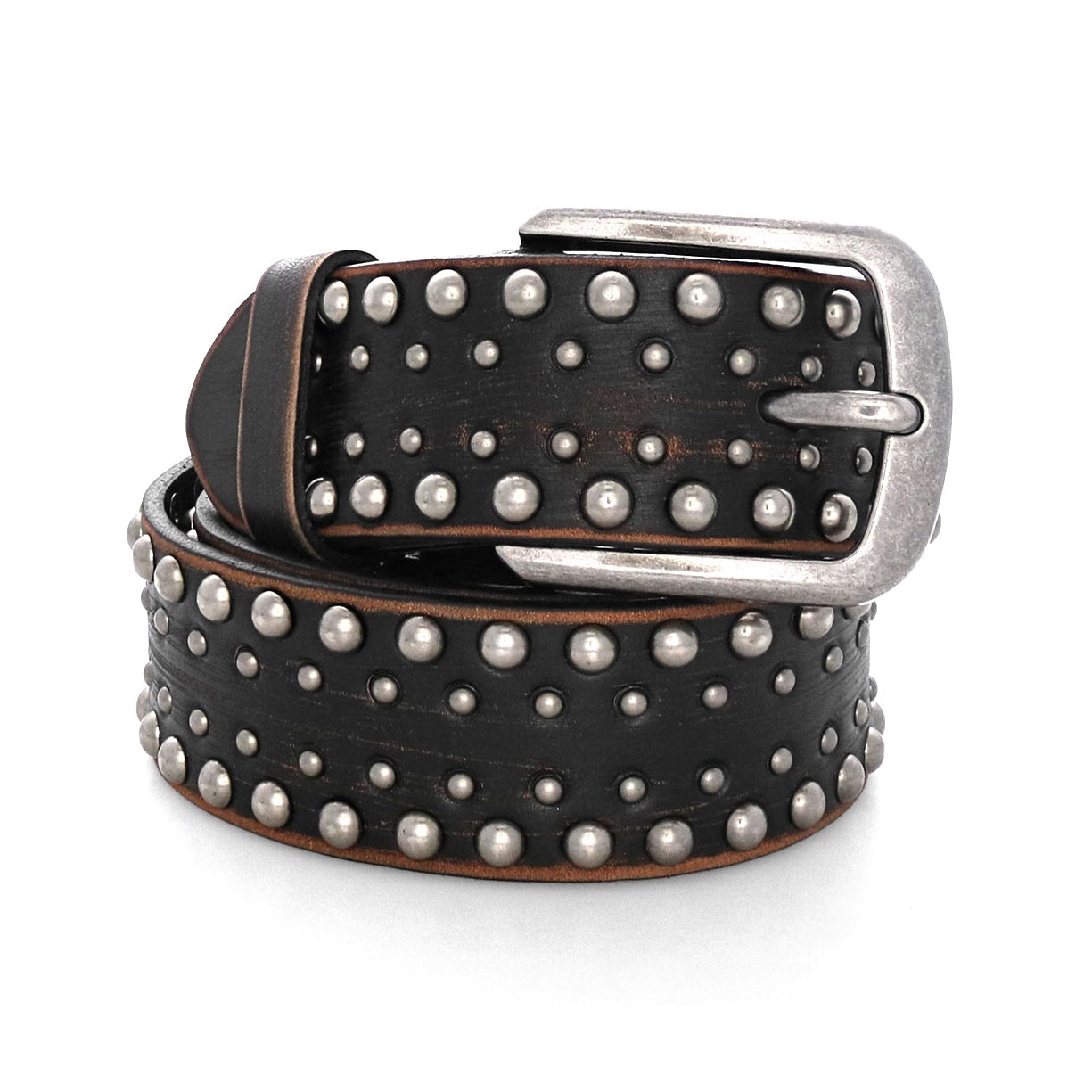 The Bed|Stü Cristal is a genuine leather belt featuring silver studs and a silver buckle, elegantly coiled in a loop against a white background. This unisex accessory infuses any outfit with an edgy style.