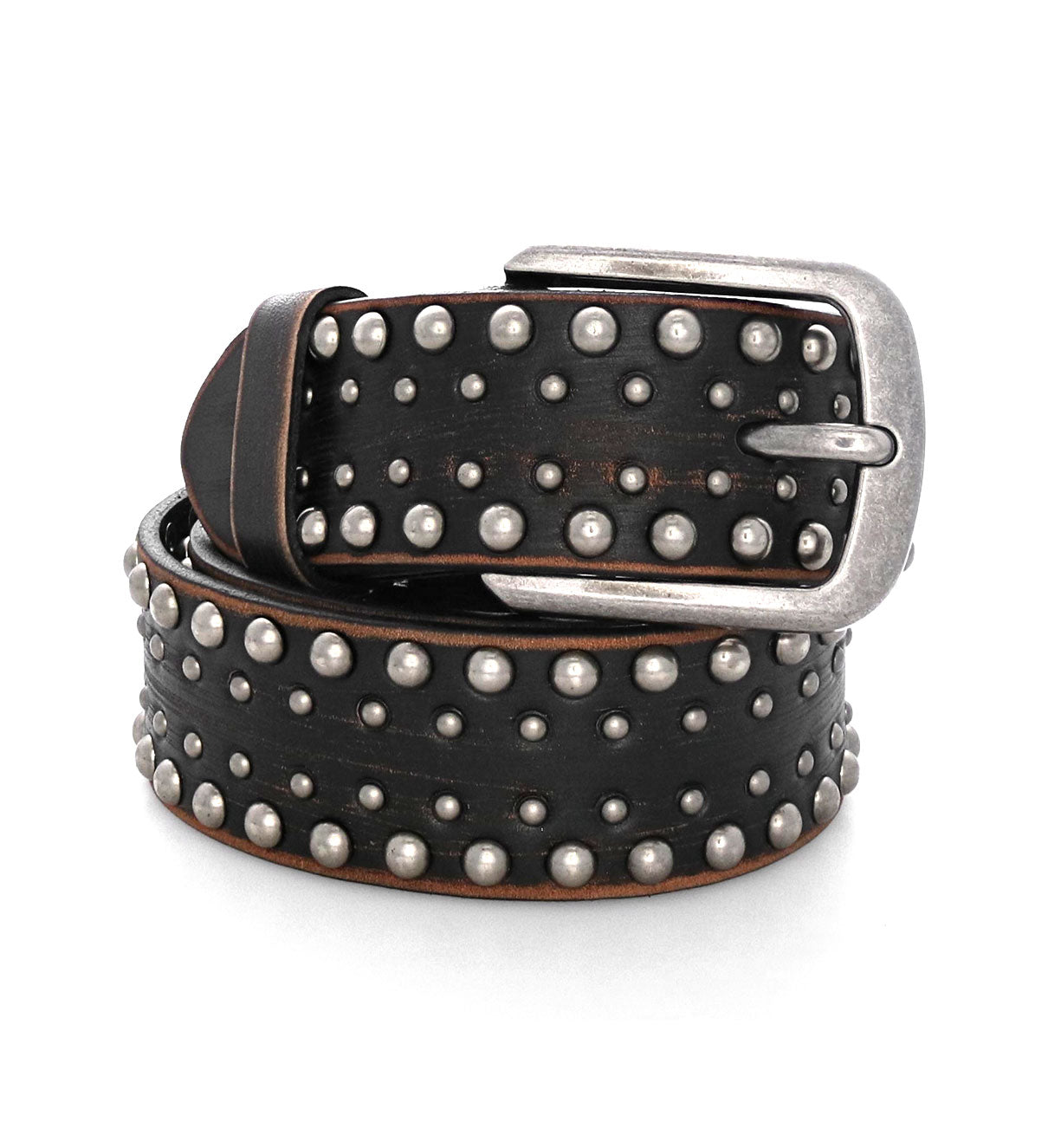 The Bed|Stü Cristal is a genuine leather belt featuring silver studs and a silver buckle, elegantly coiled in a loop against a white background. This unisex accessory infuses any outfit with an edgy style.