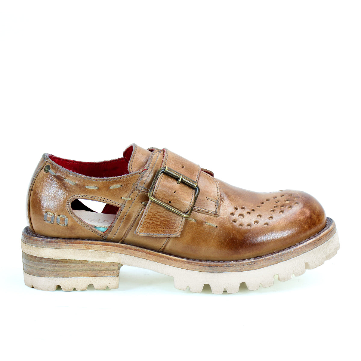 A men's brown leather shoe with buckles and perforated detail by Bed Stu Dagny.