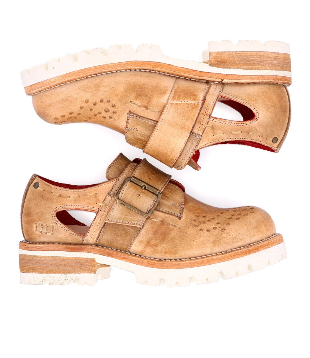 A pair of Bed Stu Dagny women’s tan leather shoes.