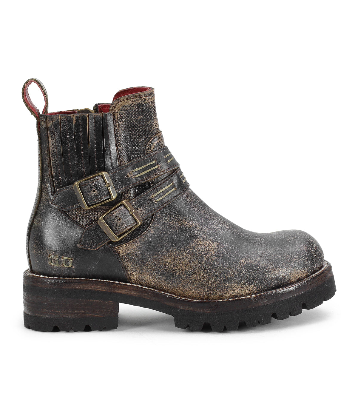 The Bed Stu Daring is a distressed leather ankle boot featuring adjustable buckle straps, a low stacked heel, and a back pull tab, shown in side profile.