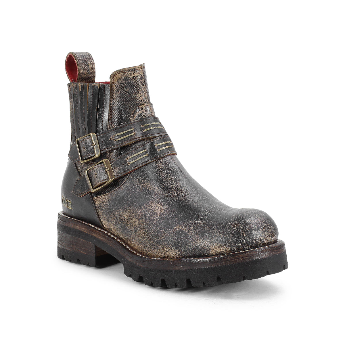 The Bed Stu Daring is a single rugged, distressed leather ankle boot featuring a stacked heel, adjustable buckle straps, elastic panels, pull tab, and thick treaded sole.