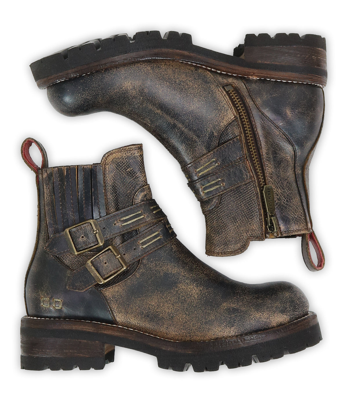 The Bed Stu Daring boots are distressed brown leather ankle boots featuring side zippers, adjustable buckle straps, red heel loops, and chunky rubber soles.