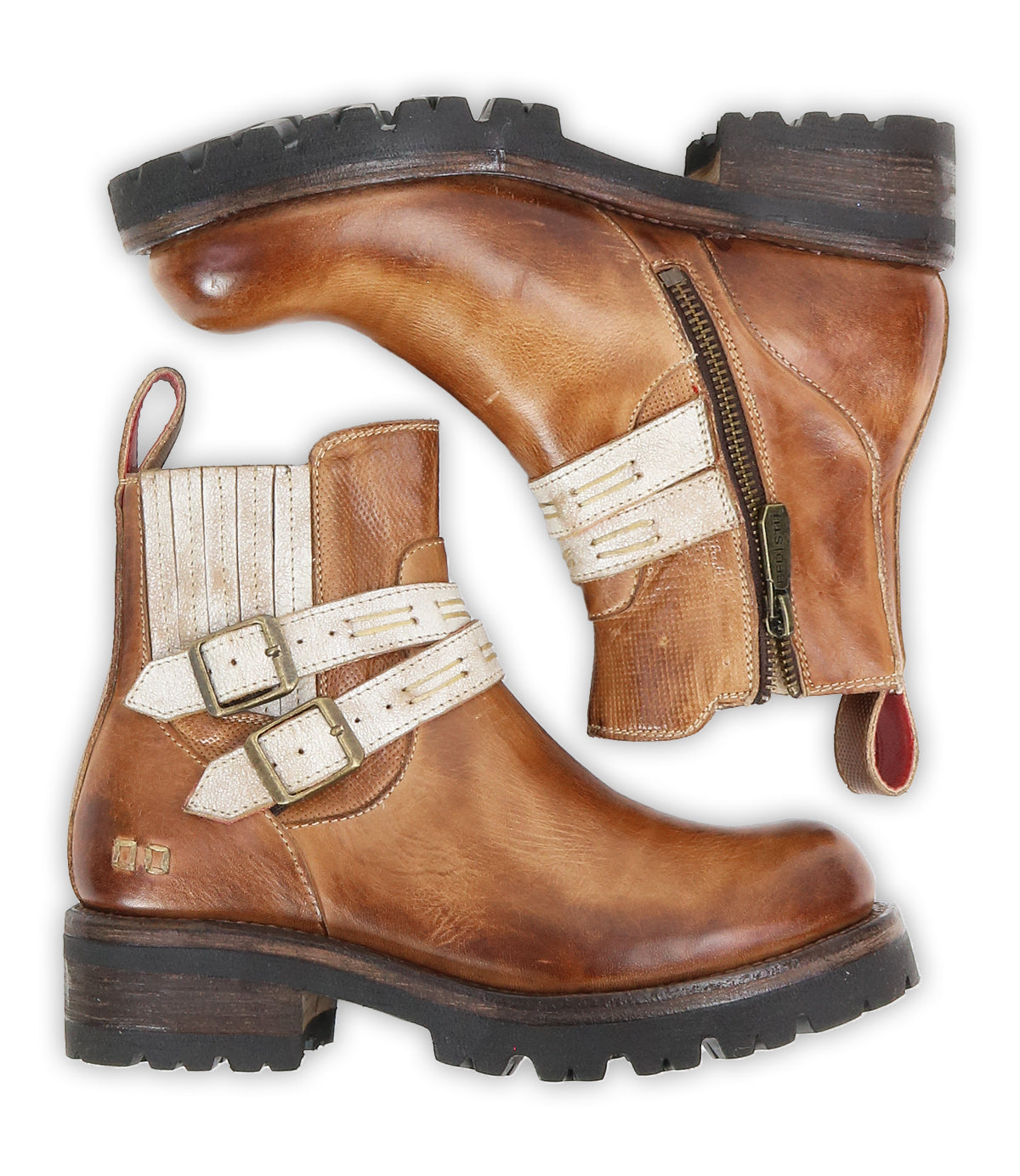 The Bed Stu Daring boots are brown leather ankle boots with beige adjustable buckle straps and zippers, shown side by side on a white background for a rugged style look.