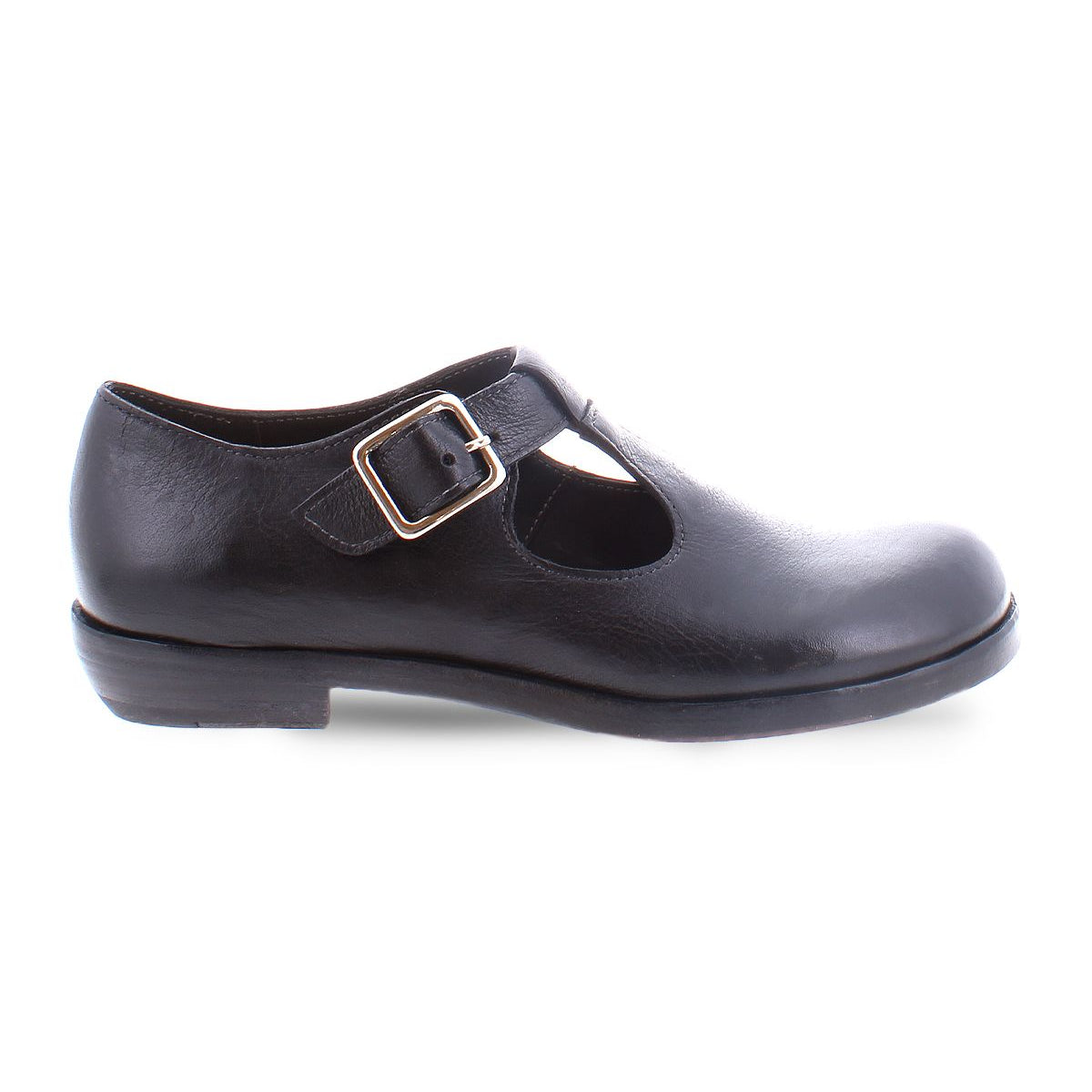 A black Italian shoe with a t-strap and a buckle for women