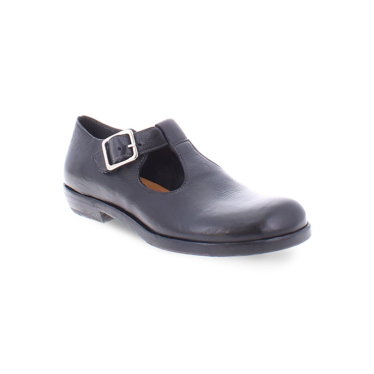 A black Italian shoe with a t-strap and a buckle for women