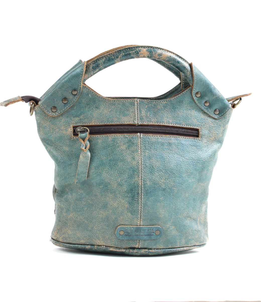 A Delilah handbag by Bed Stu, made of blue leather and featuring a zipper.
