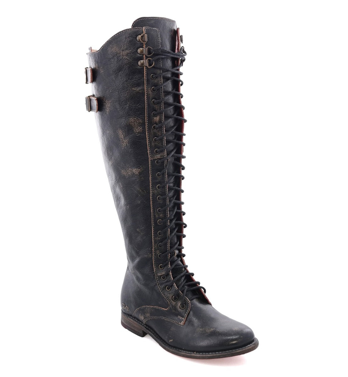 A women's black Della boot with laces and buckles, made by Bed Stu.