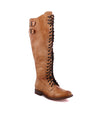 A women's tan leather boot with laces, named Della by Bed Stu.