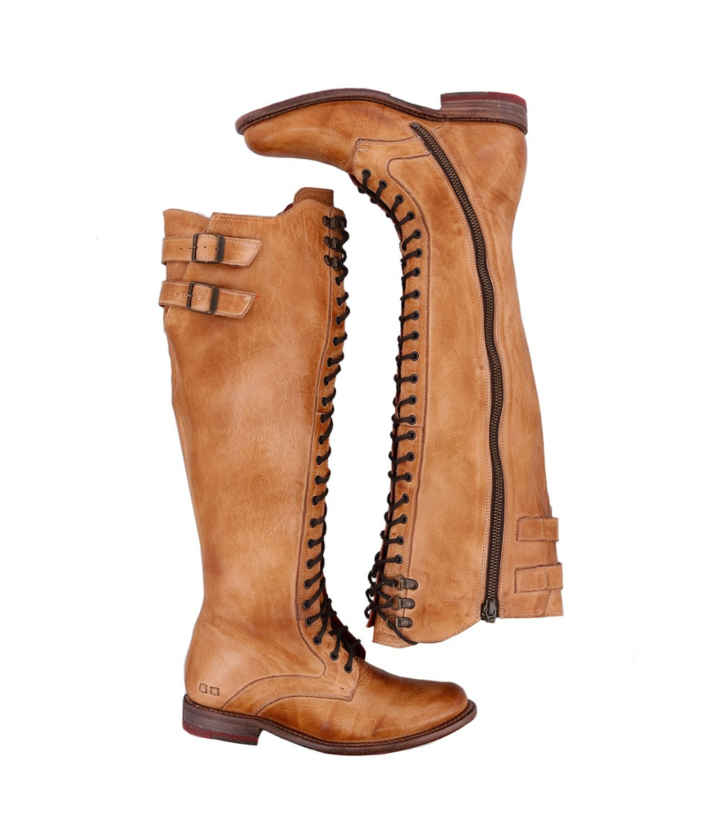 A pair of Bed Stu Della boots with buckles on the side.