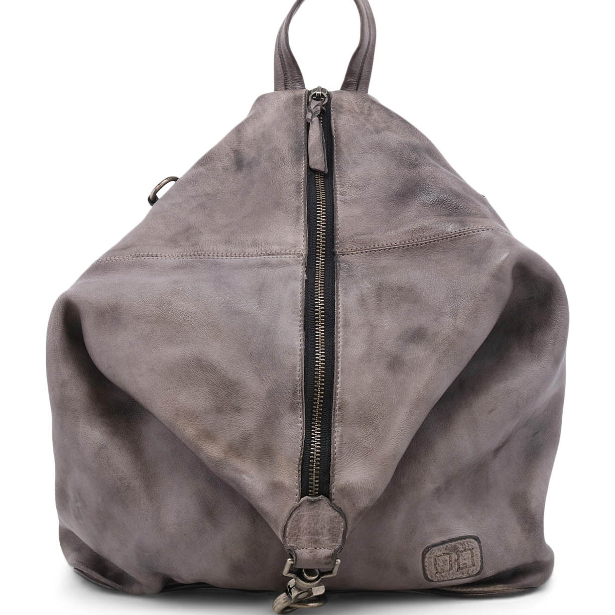 A grey leather Delta backpack with Bed Stu zippers and zippers.