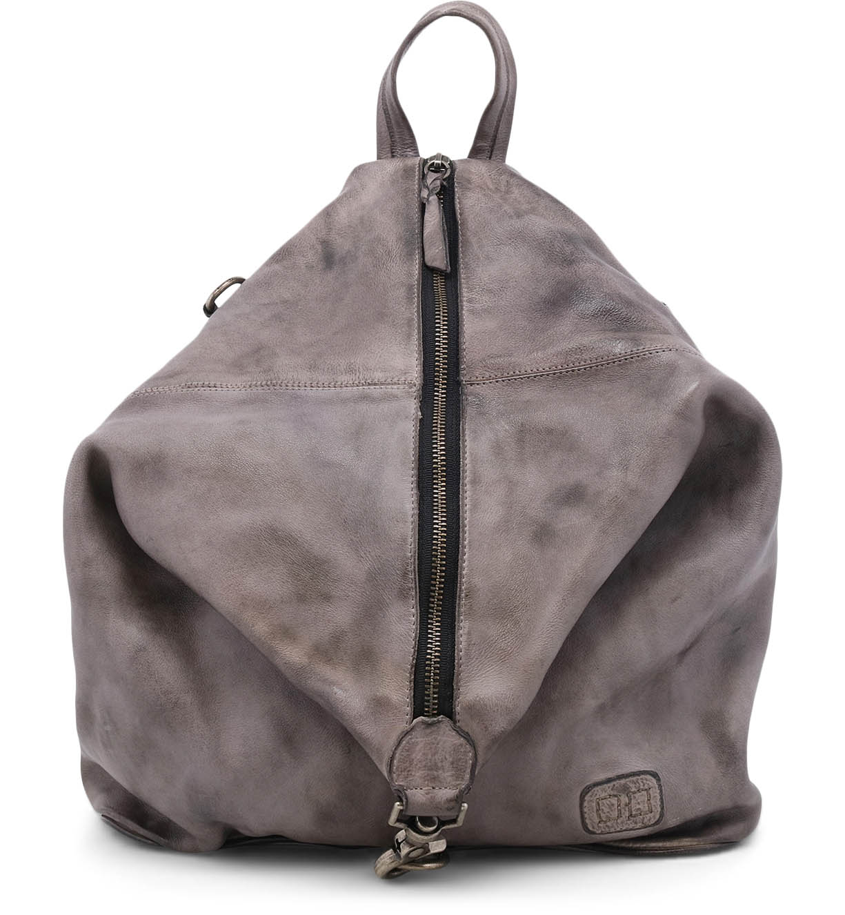 A grey leather Delta backpack with Bed Stu zippers and zippers.