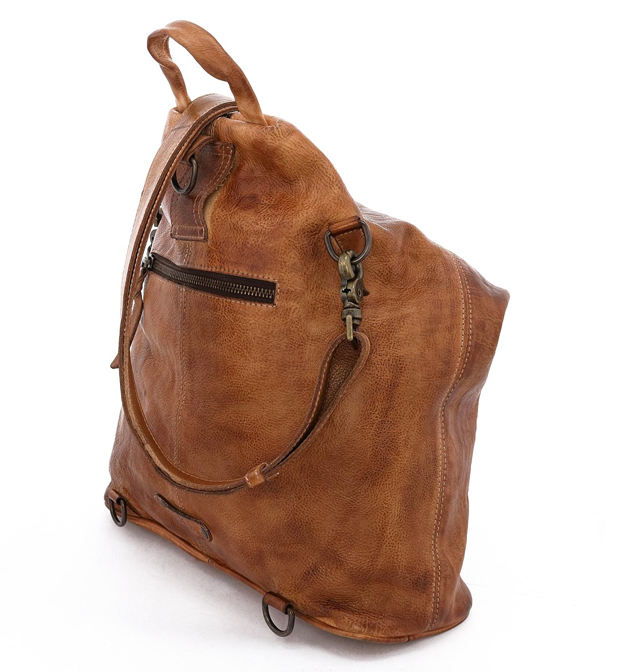 A brown leather Delta bag with straps and handles by Bed Stu.