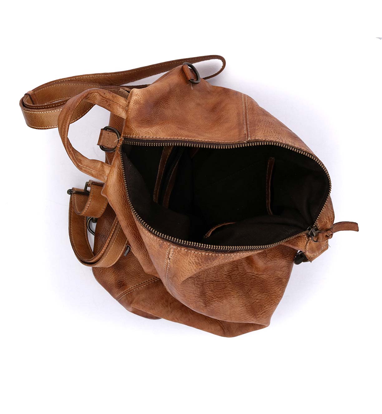 A Delta brand Bed Stu brown leather bag with a zippered compartment.