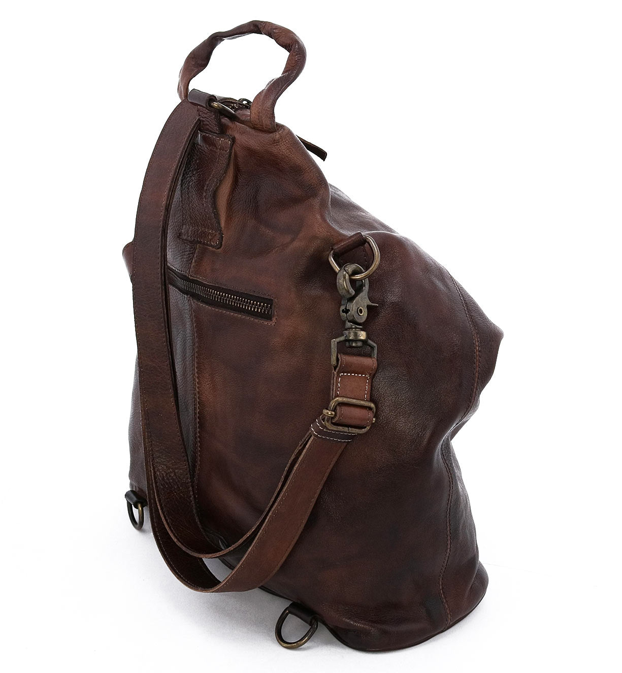 A brown leather Delta backpack with straps and a shoulder strap from Bed Stu.