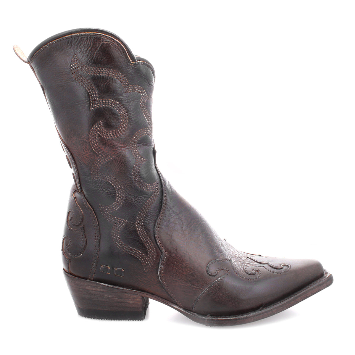 Bed Stu Deuce vegetable-tanned leather cowboy boots with an ornate design.