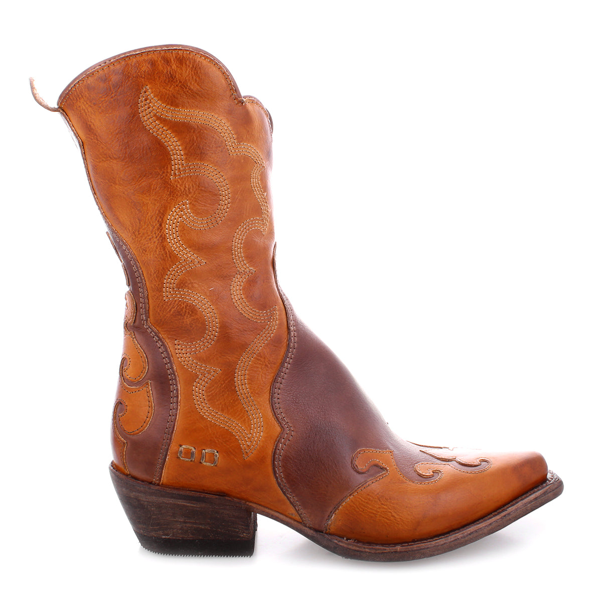 A women's Deuce cowboy boot in tan leather with western style by Bed Stu.