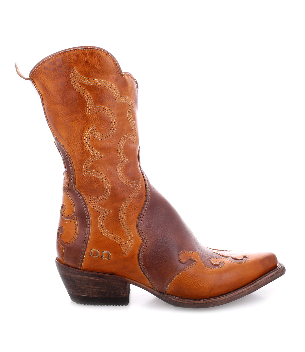 A women's Deuce cowboy boot in tan leather with western style by Bed Stu.