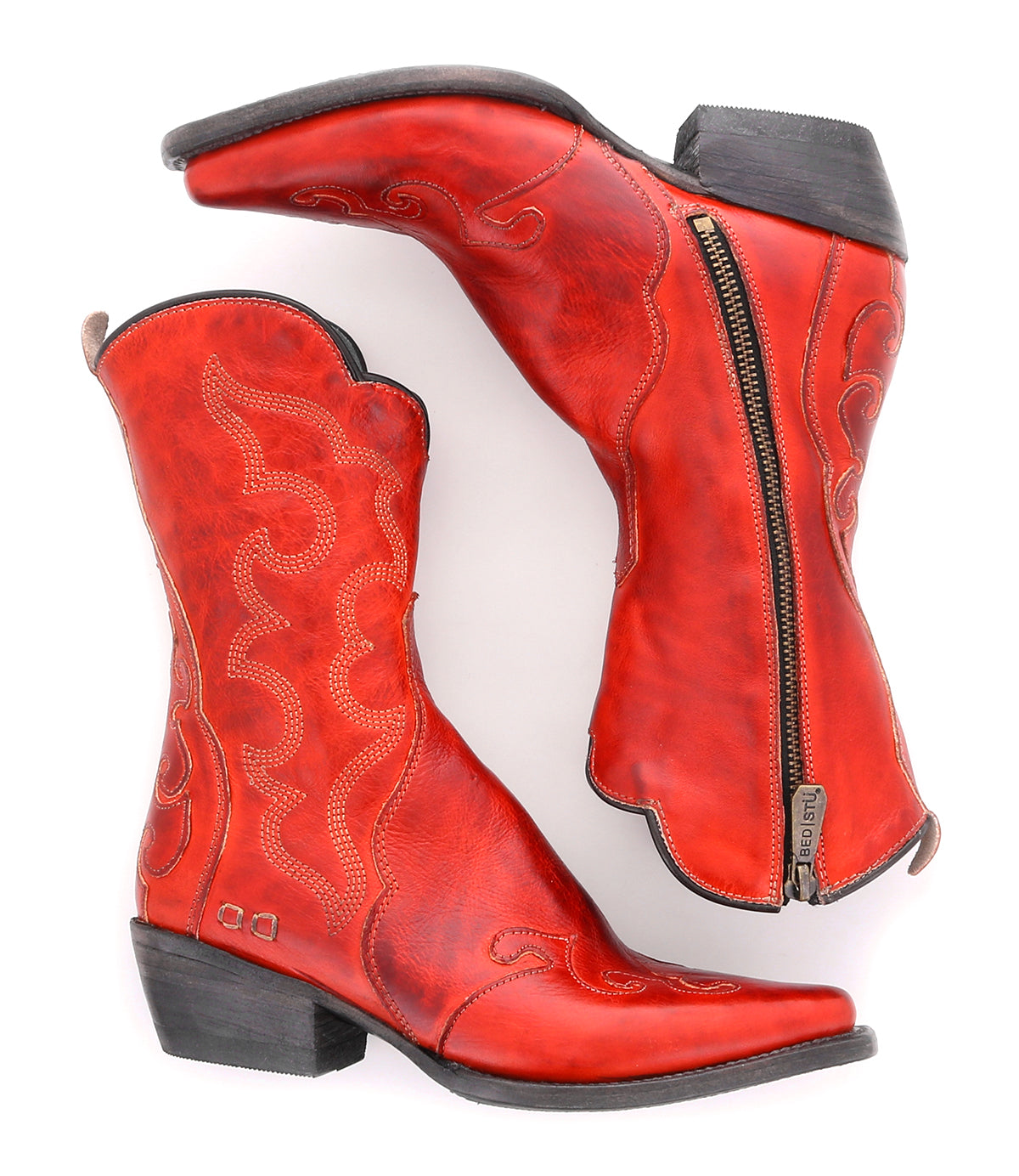 A pair of Bed Stu Deuce cowboy boots on a white background.