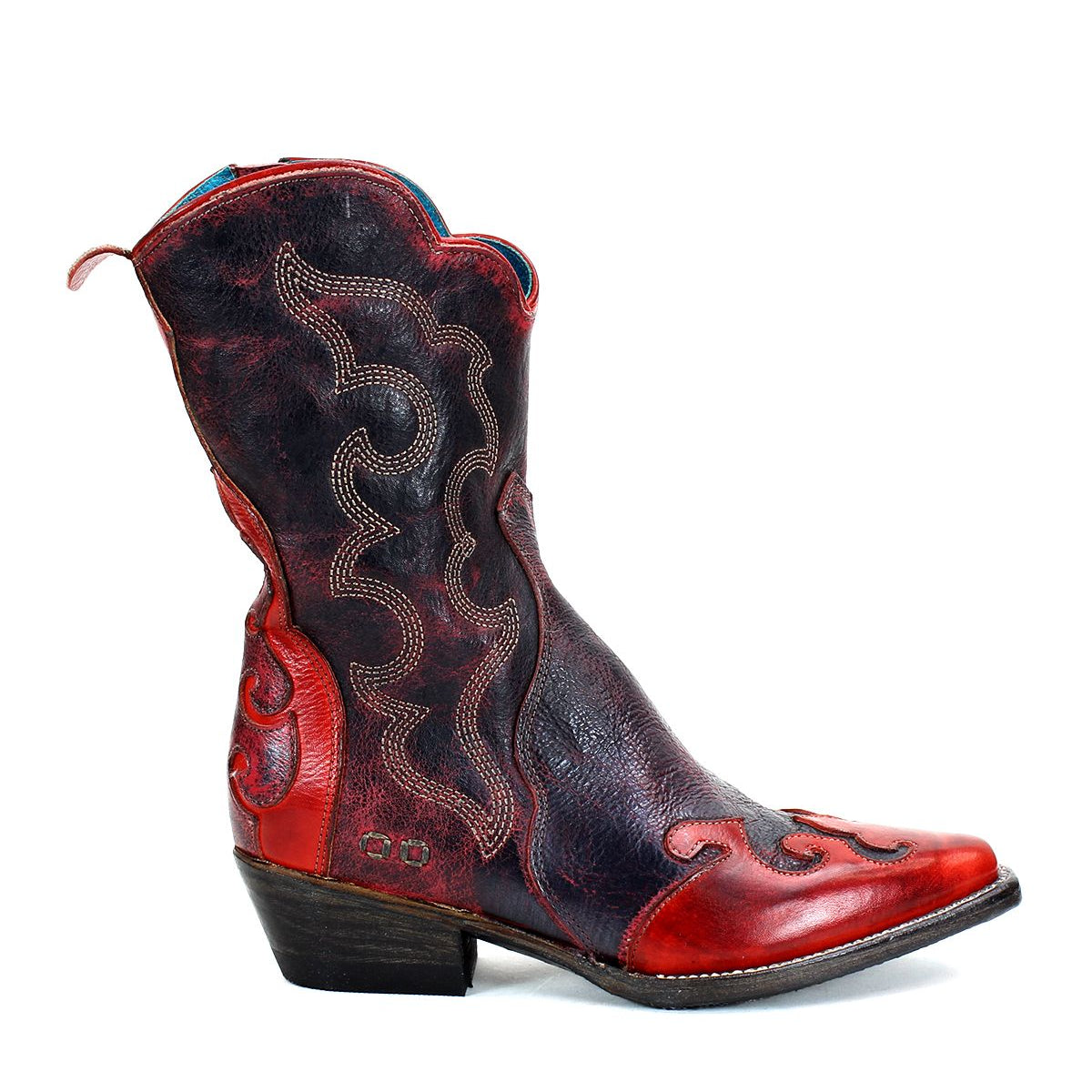 The Deuce women's mid-calf cowboy boot by Bed Stu features red and black vegetable-tanned leather, ornate stitching, and a slightly raised heel in classic western style.