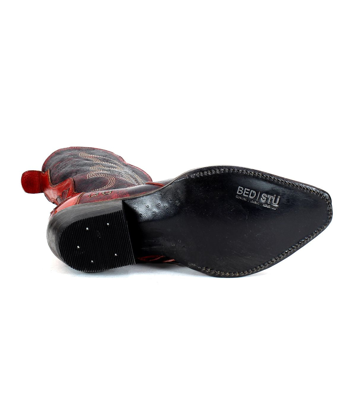 Bottom view of a black and red women's mid-calf cowboy boot named "Deuce," showing the sole with the brand name "Bed Stu" imprinted on it, highlighting its classic Western style.