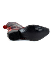 Bottom view of a black and red women's mid-calf cowboy boot named "Deuce," showing the sole with the brand name "Bed Stu" imprinted on it, highlighting its classic Western style.