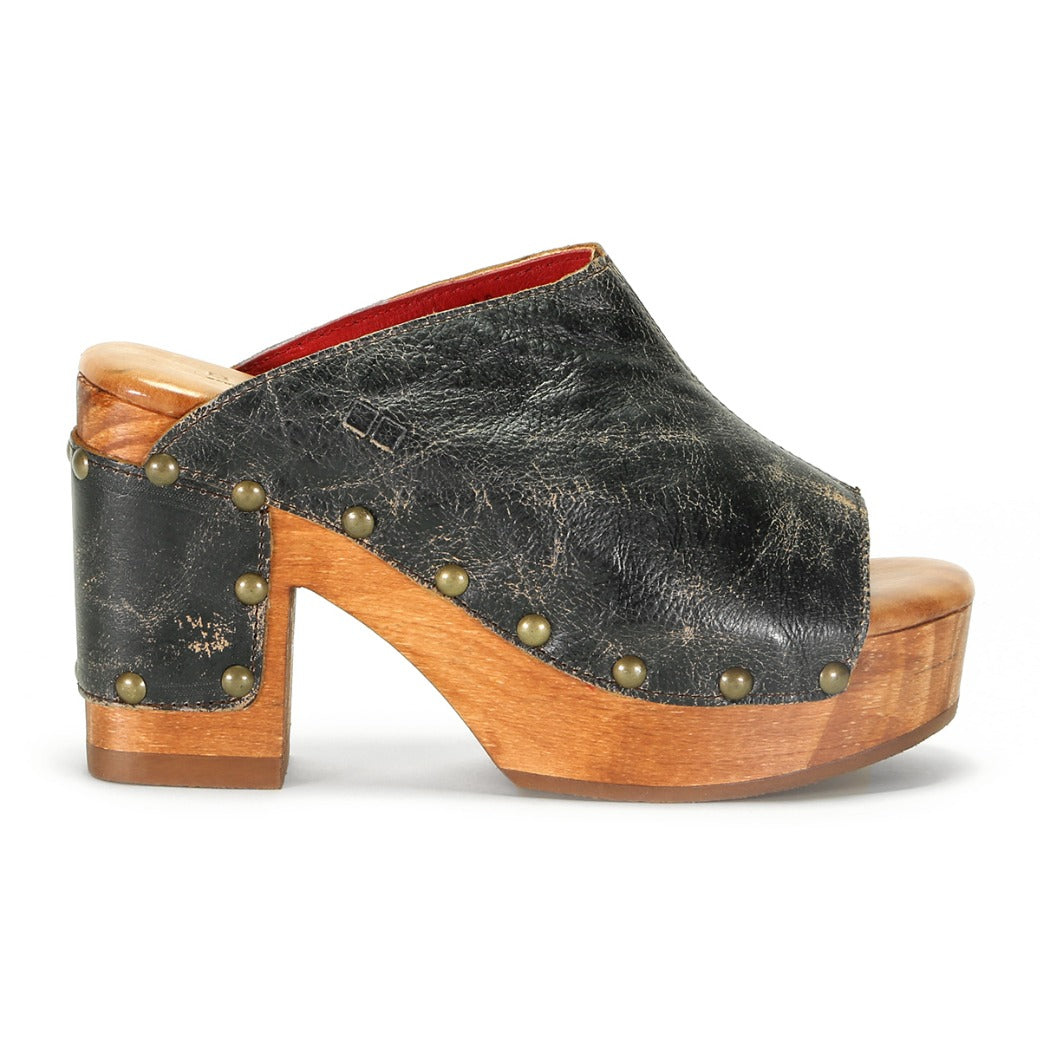 A women's black leather Deva clog with wooden heel by Bed Stu.