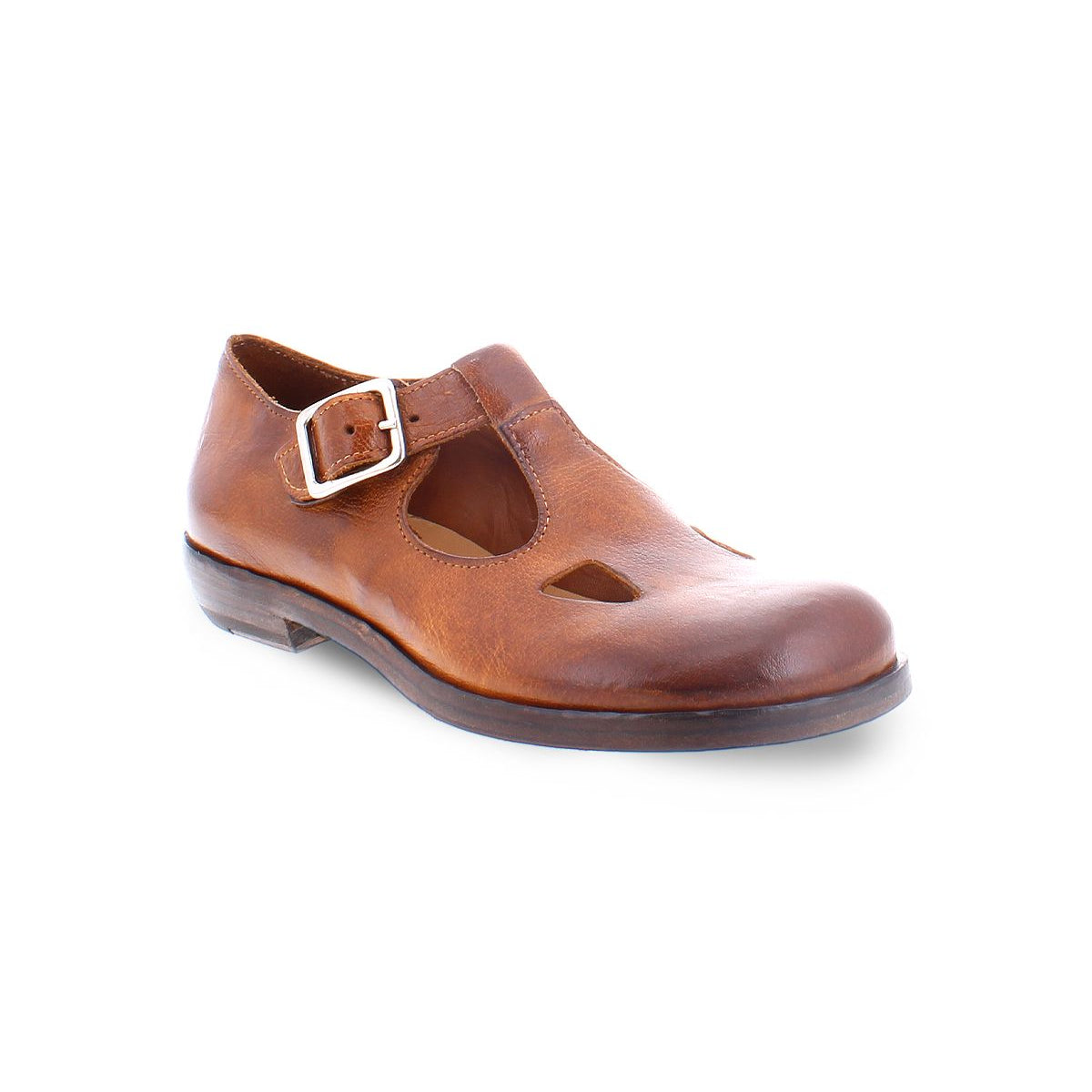 A product shot of a  brown leather shoe for women made with Italian leather and has cutouts in a t-strap  type of shoe. 