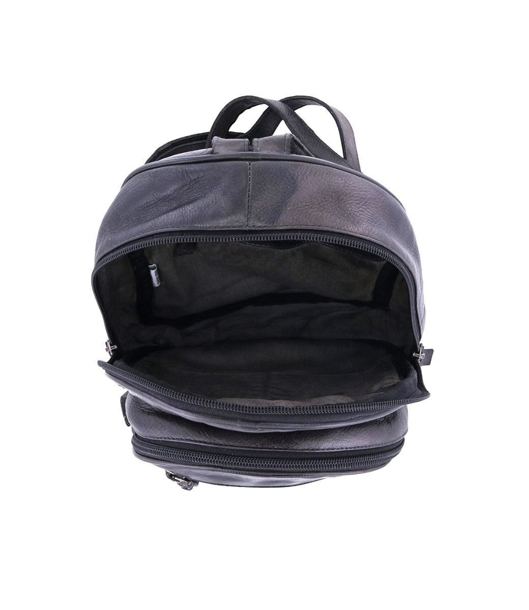 A Bed Stu Dominique black leather backpack on a white background.