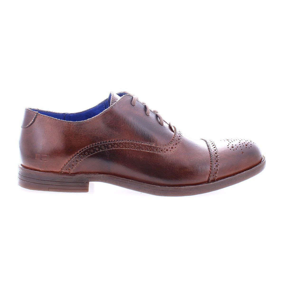 Introducing the Donatello II by Bed Stu, a versatile leather dress oxford shoe made from luxurious brown vegetable-tanned leather, highlighted by elegant brogue detailing, classic laces, and a comfy low heel.