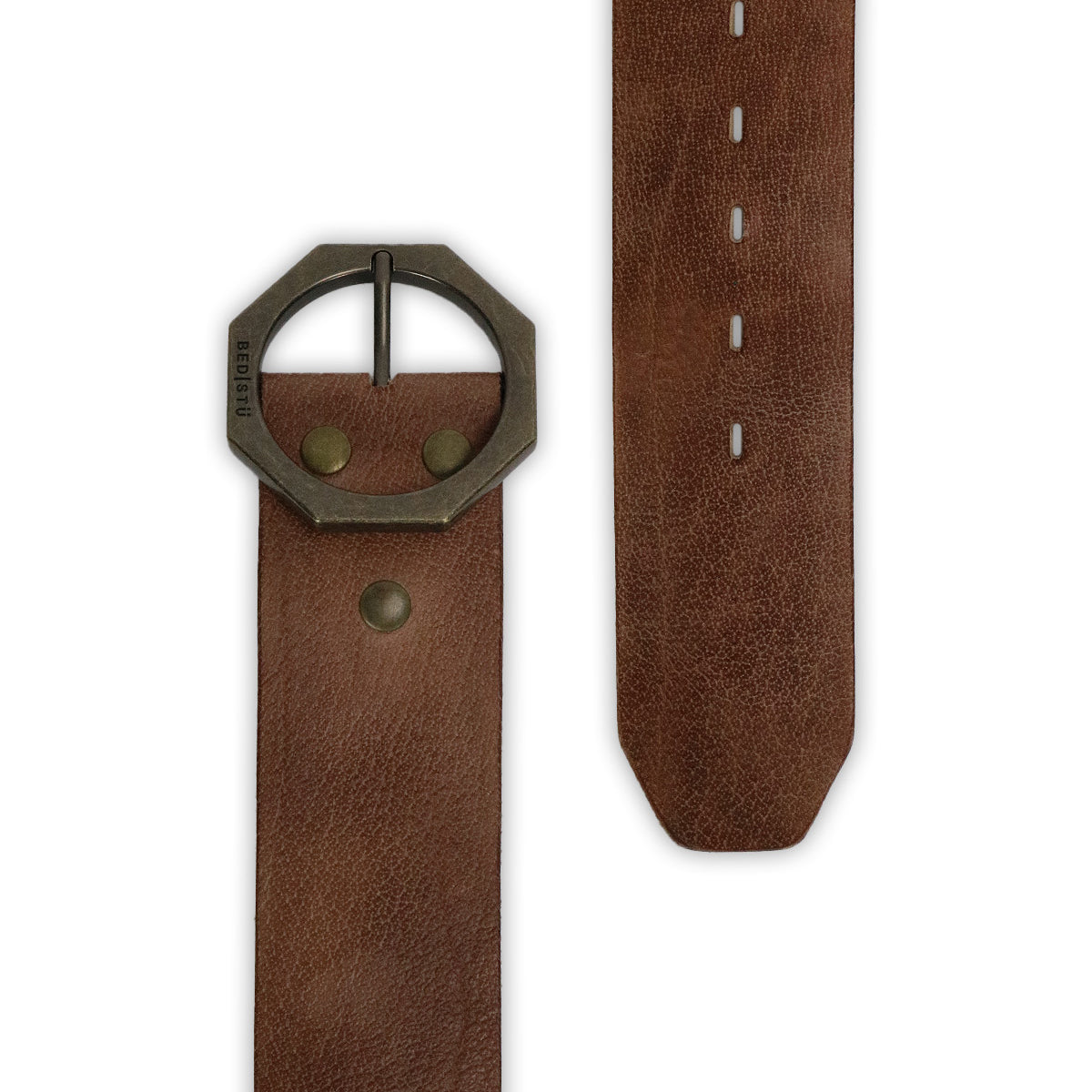 The Dreampath by Bed Stu is a brown genuine leather belt with a wide strap, modern octagon buckle, metal rivets, multiple adjustment holes, and a pointed tip.