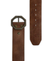 The Dreampath by Bed Stu is a brown genuine leather belt with a wide strap, modern octagon buckle, metal rivets, multiple adjustment holes, and a pointed tip.