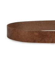 A close-up of the Bed Stu Dreampath genuine leather belt laid flat on a white background, showcasing its rich texture, smooth finish, and unique octagon buckle.