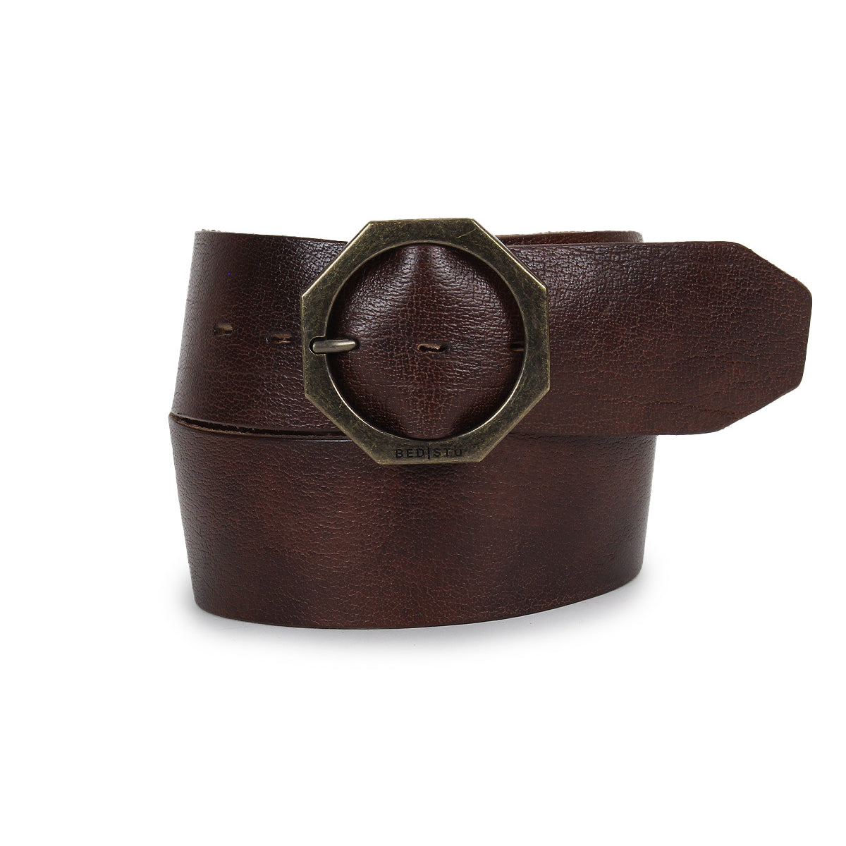 The Bed Stu Dreampath is a modern brown genuine leather belt with an octagon buckle, shown coiled on a white background.