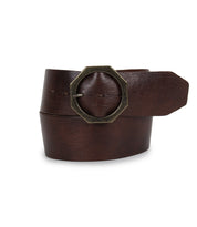 The Bed Stu Dreampath is a modern brown genuine leather belt with an octagon buckle, shown coiled on a white background.