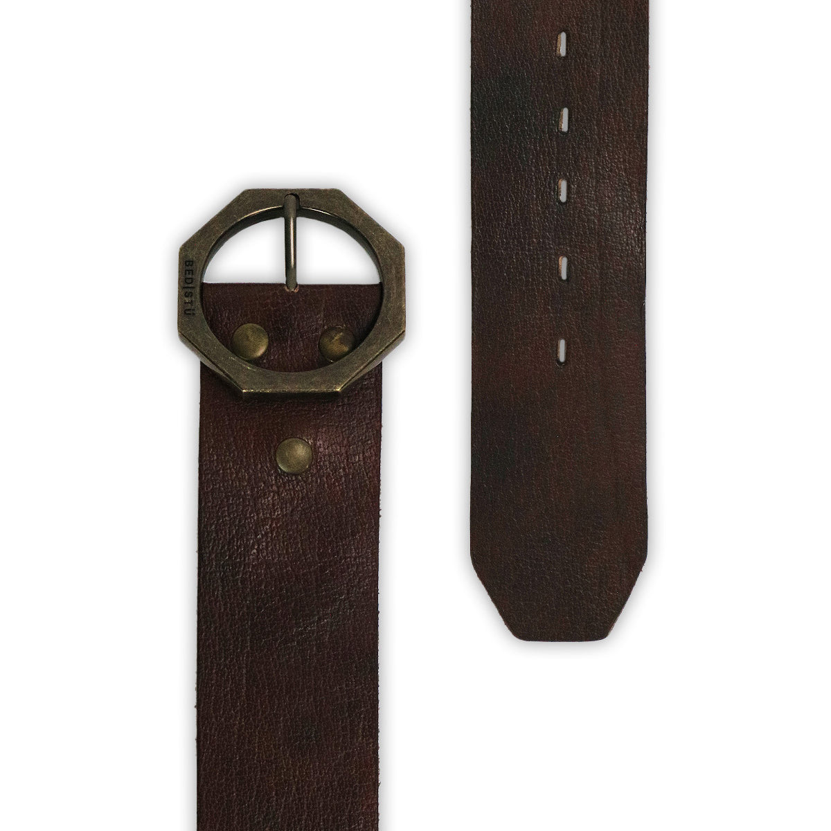 The Bed Stu Dreampath is a modern dark brown genuine leather belt with an octagon buckle and round brass rivets, displayed showing both the buckle end and the tip with punched holes.