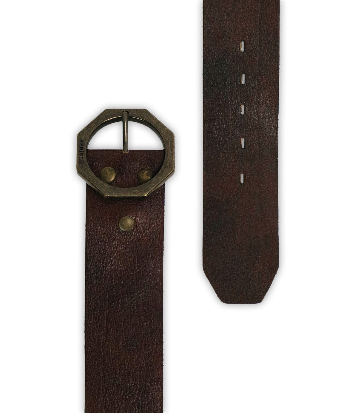 The Bed Stu Dreampath is a modern dark brown genuine leather belt with an octagon buckle and round brass rivets, displayed showing both the buckle end and the tip with punched holes.