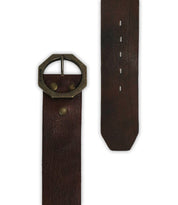 The Bed Stu Dreampath is a modern dark brown genuine leather belt with an octagon buckle and round brass rivets, displayed showing both the buckle end and the tip with punched holes.