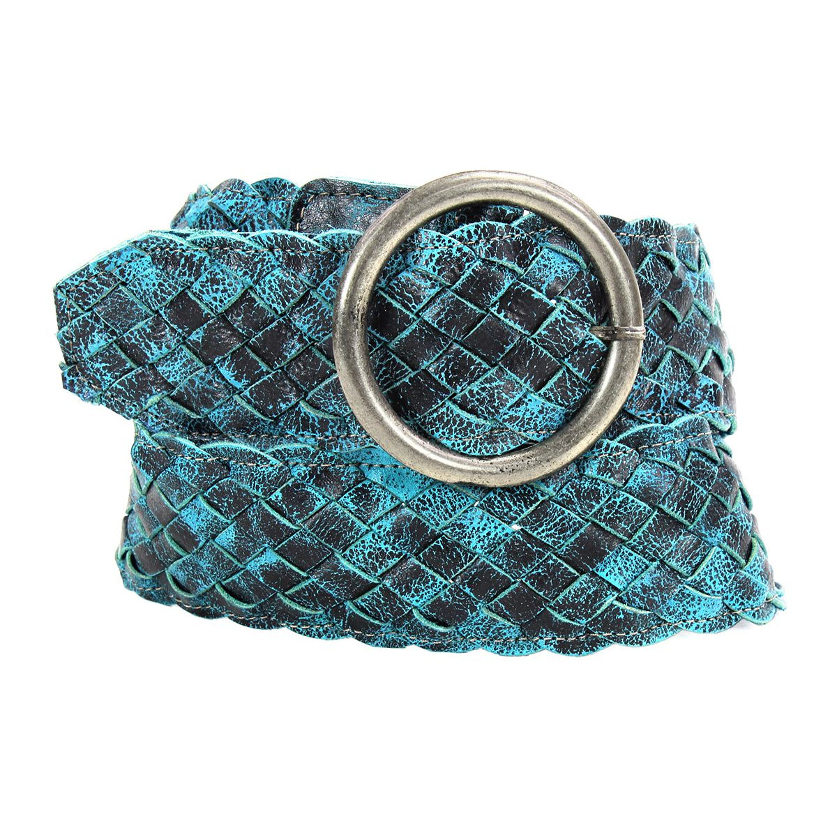 This image showcases the Dreamweaver by Bed Stu, a braided turquoise leather belt with a round brass-tone buckle that exudes vintage allure.